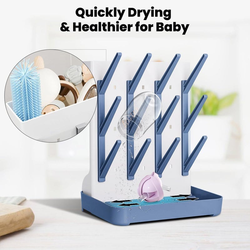 WLMALL Baby Bottle Drying Rack: Vertical Space Saving Large Bottles Holder - Standing Boon Dryer Rack Baby Accessory - Countertop Holds Up to 12 Bottles & Pump Part Cleaning & Cup (Blue) (Blue) - Image 4